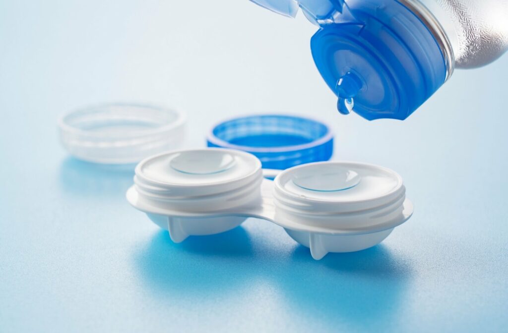 a hydrating saline solution is being added to contact lenses for an individual who has dry eye syndrome.