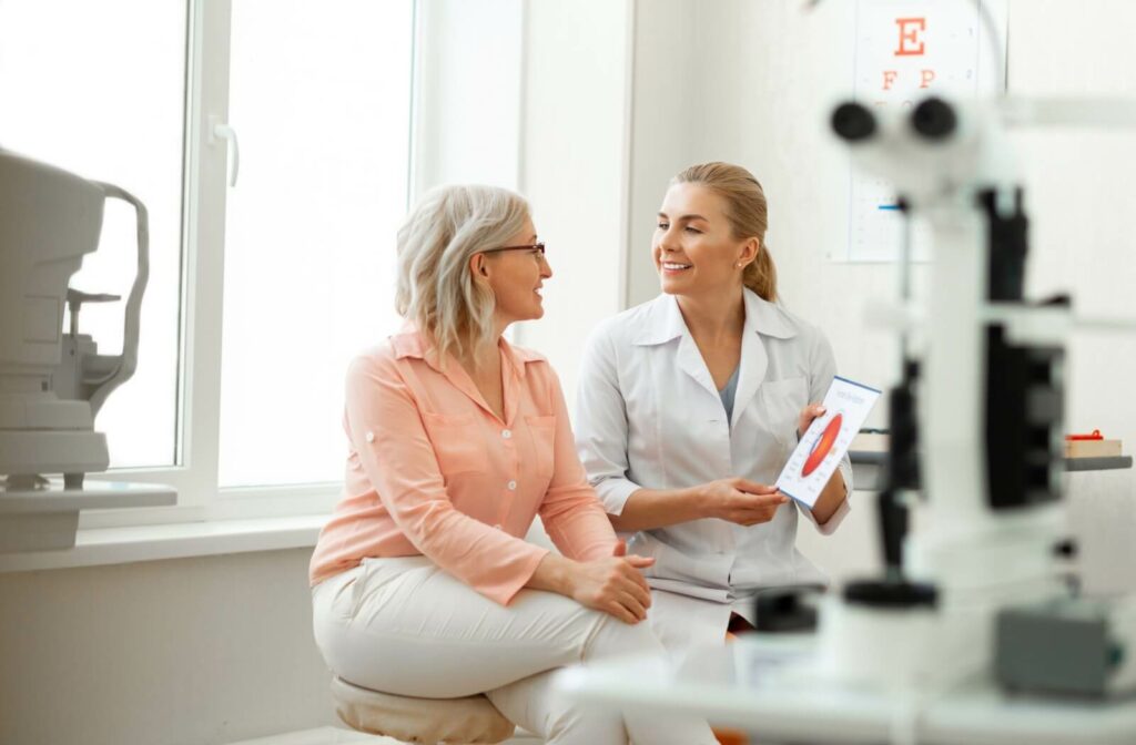 An optometrist meets with a patient after an eye exam to discuss results and treatment.