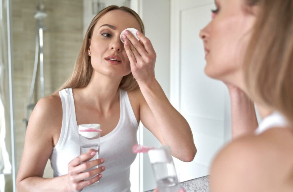Adult removing eye makeup with a cotton pad, illustrating the importance of proper hygiene to help prevent eye styes.