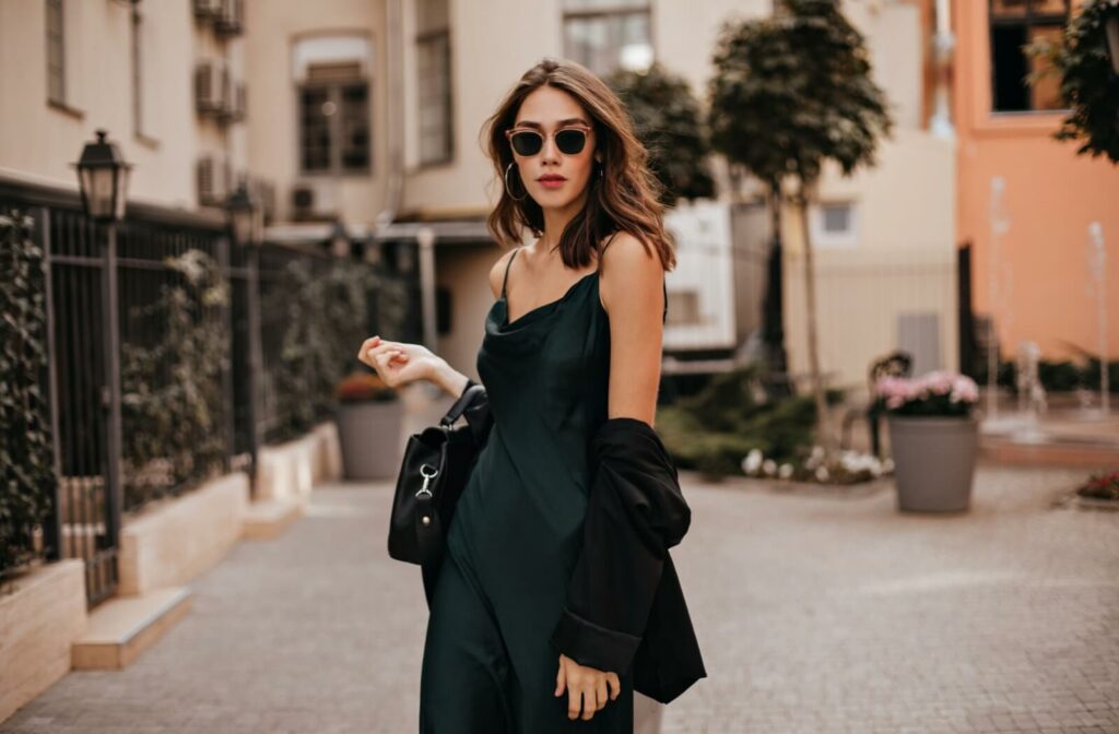 A young person in a green dress and dark sunglasses walks confidently through an urban setting.